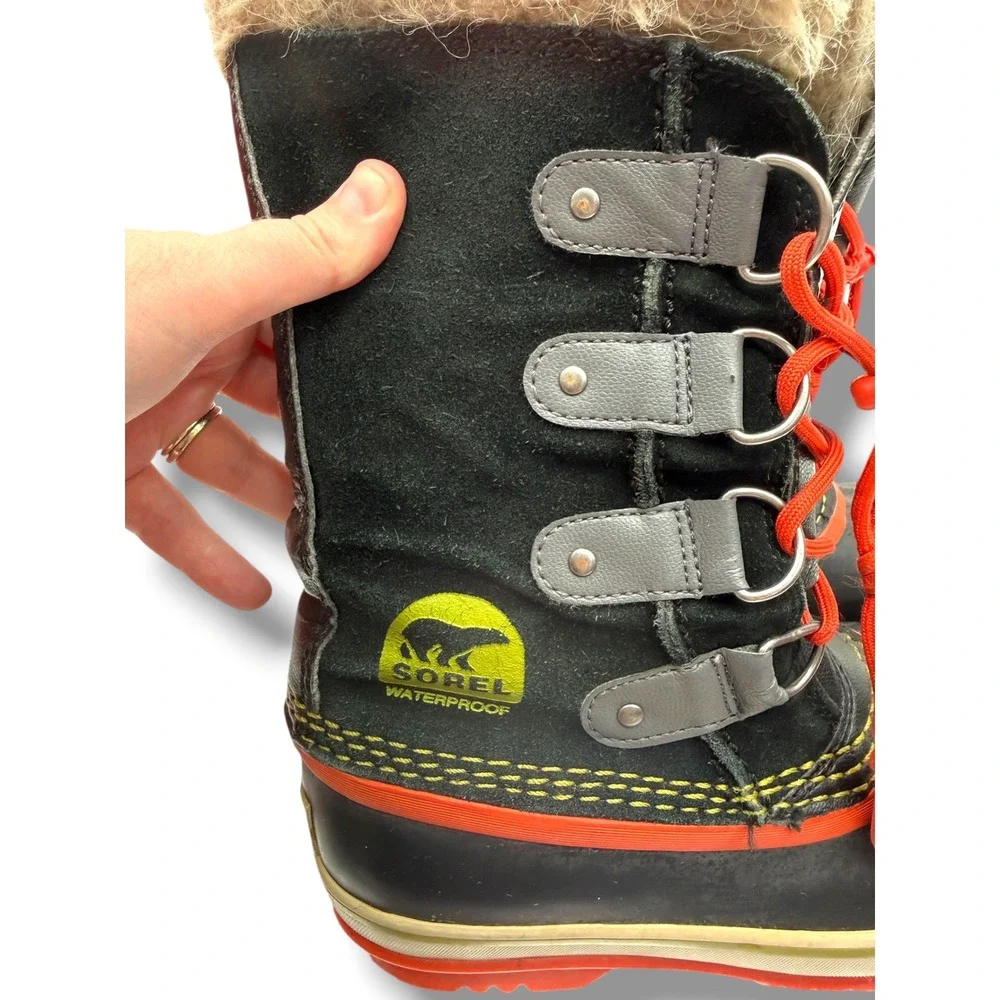 Sorel Tofino‎ Winter Boots Kids Size 1 Black Red Waterproof Faux Fur Snow Boots